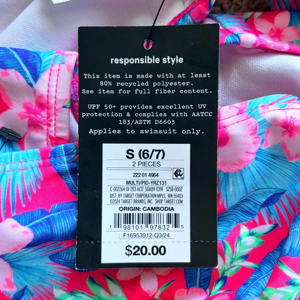 Art Class Pink Tropical Hawaiian Floral Rash Guard Bikini Bathing Suit 6/7 NWT